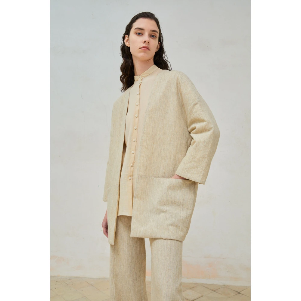 Cortana Beige Melange Wol Linnen Oversized Jas Beige Dames
