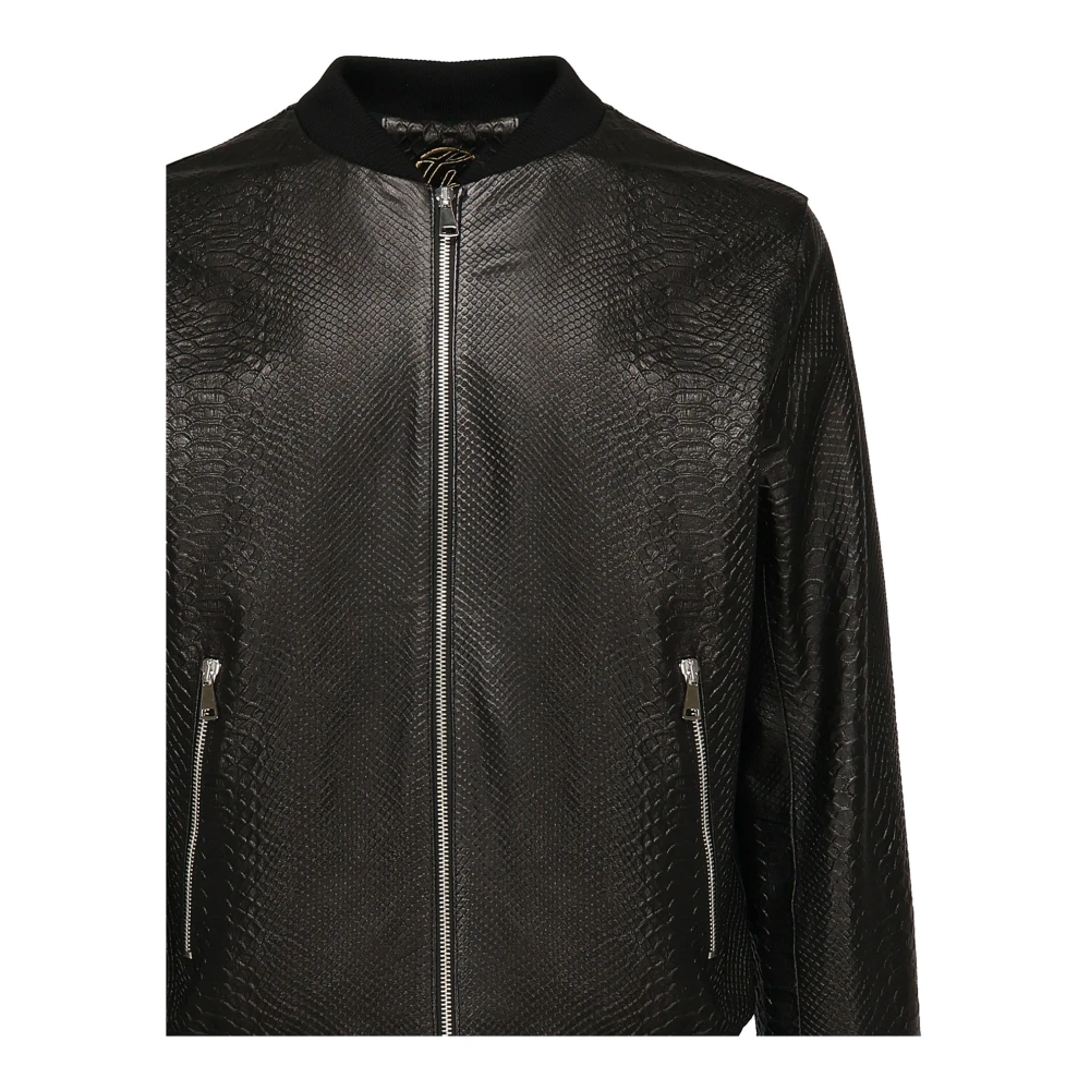 Giuliano Galiano Zwarte Leren Bomberjack Python Print Black Heren