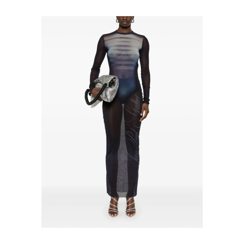 Jean Paul Gaultier Gedrukte Mesh Crew Neck Lange Jurk Blue Dames