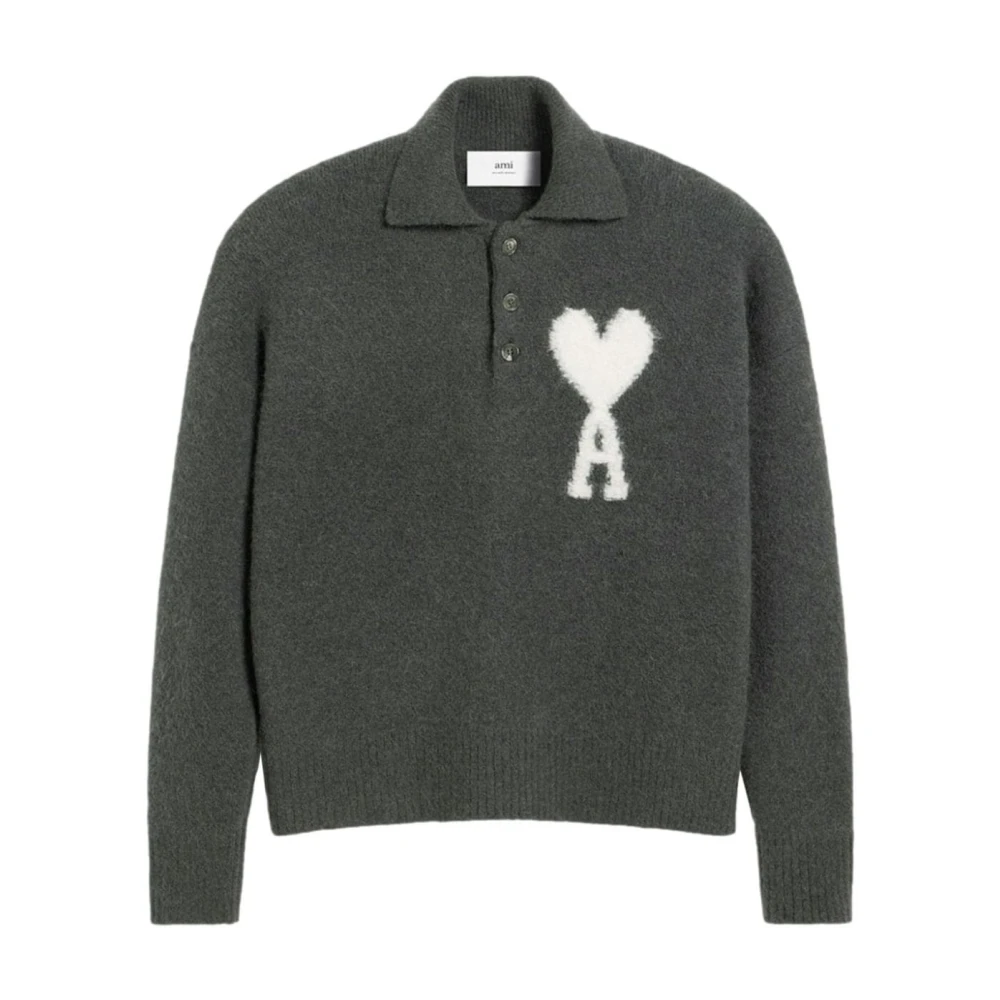 Ami Paris Donkergrijze Alpaca Blend Polo Sweater Gray Heren