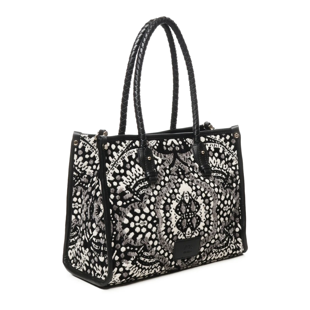 V73 Gestreepte stoffen boodschappentas met gevlochten handvatten Black Dames