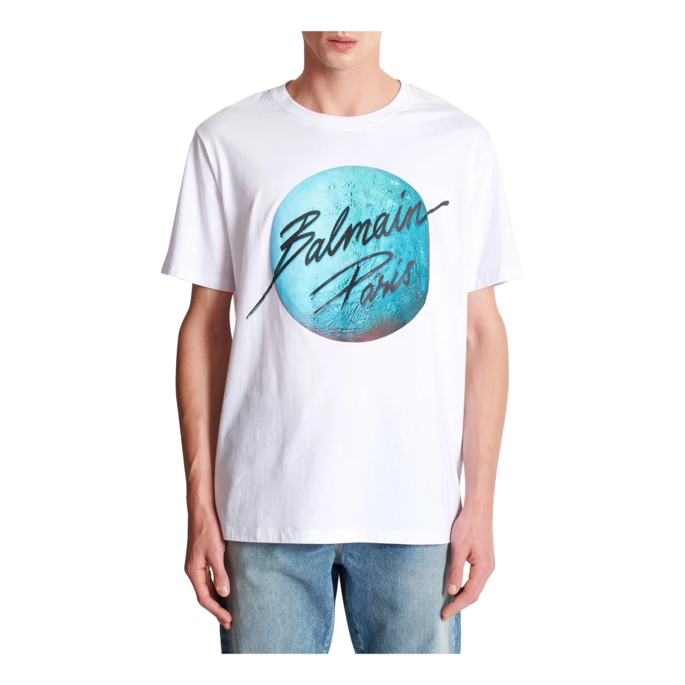 Balmain Bedrukt Paris-logo en planeet T-shirt White Heren