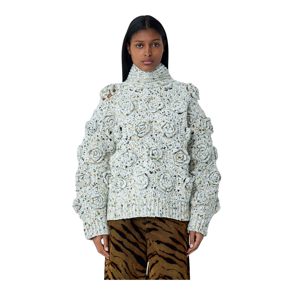 Ganni Women's White Turtlenecks, Xs, Crochet Jumper