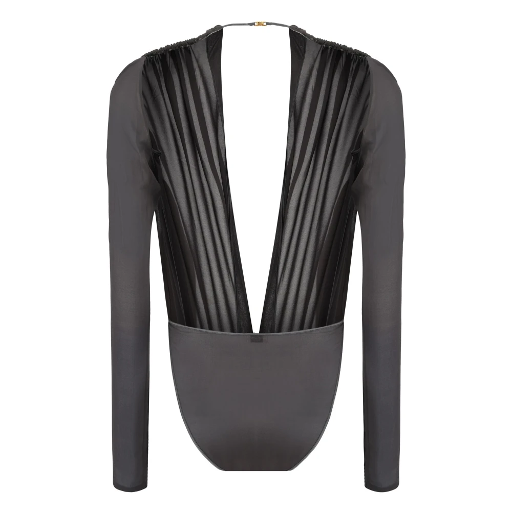 Saint Laurent Zwarte bodysuit met V-hals en transparantie Black Dames