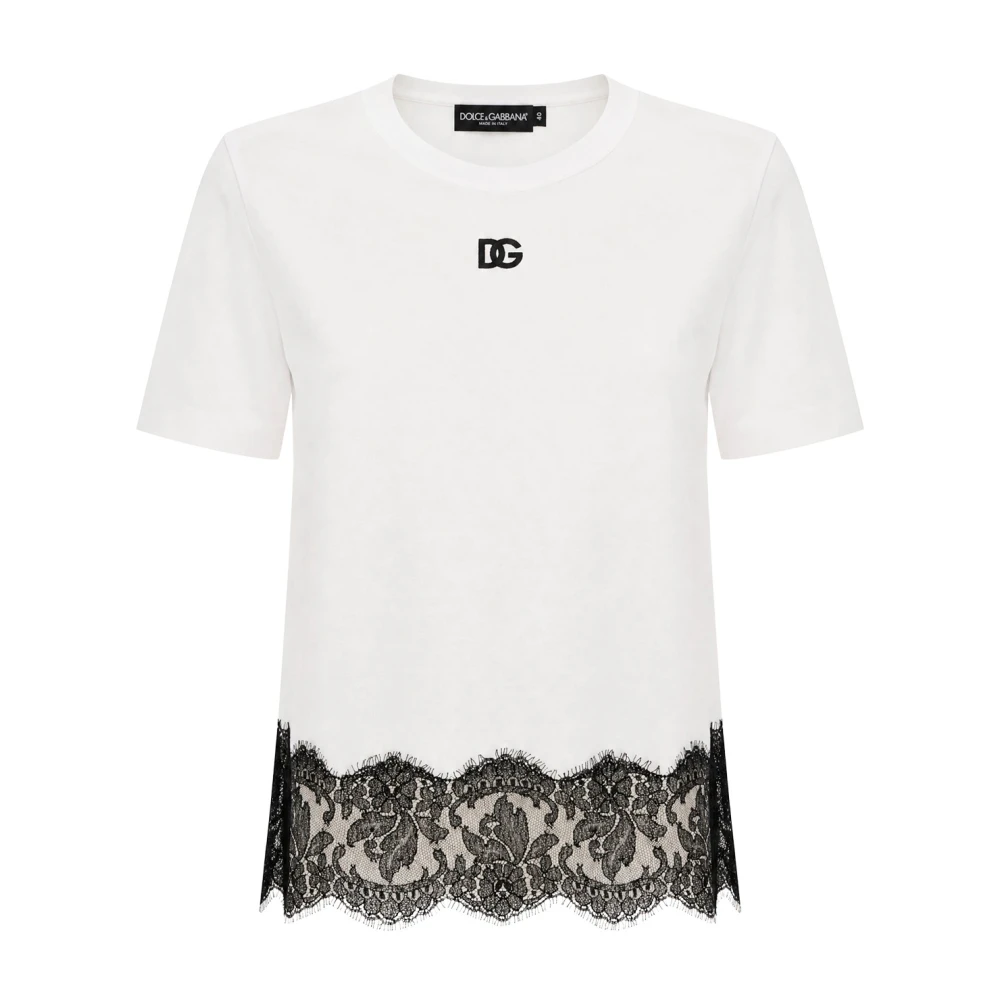 Dolce & Gabbana , T-Shirts, Female, White, M, Jersey T-Shirt With Lace