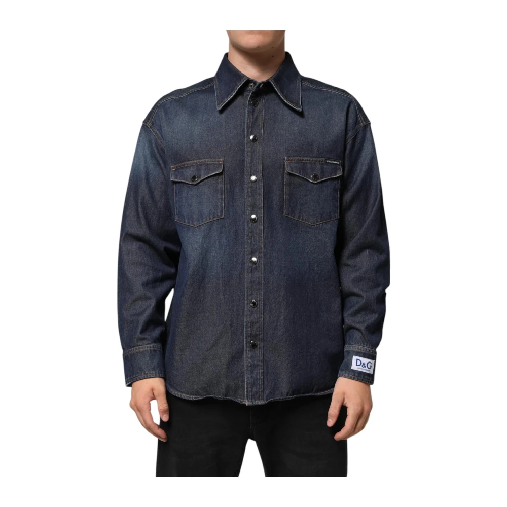 Dolce & Gabbana Men's Blue Denim Shirts, Xs, Denim Logo Patch Casual Shirt