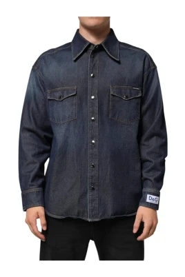 Blå Denim Logo Patch Casual Skjorta