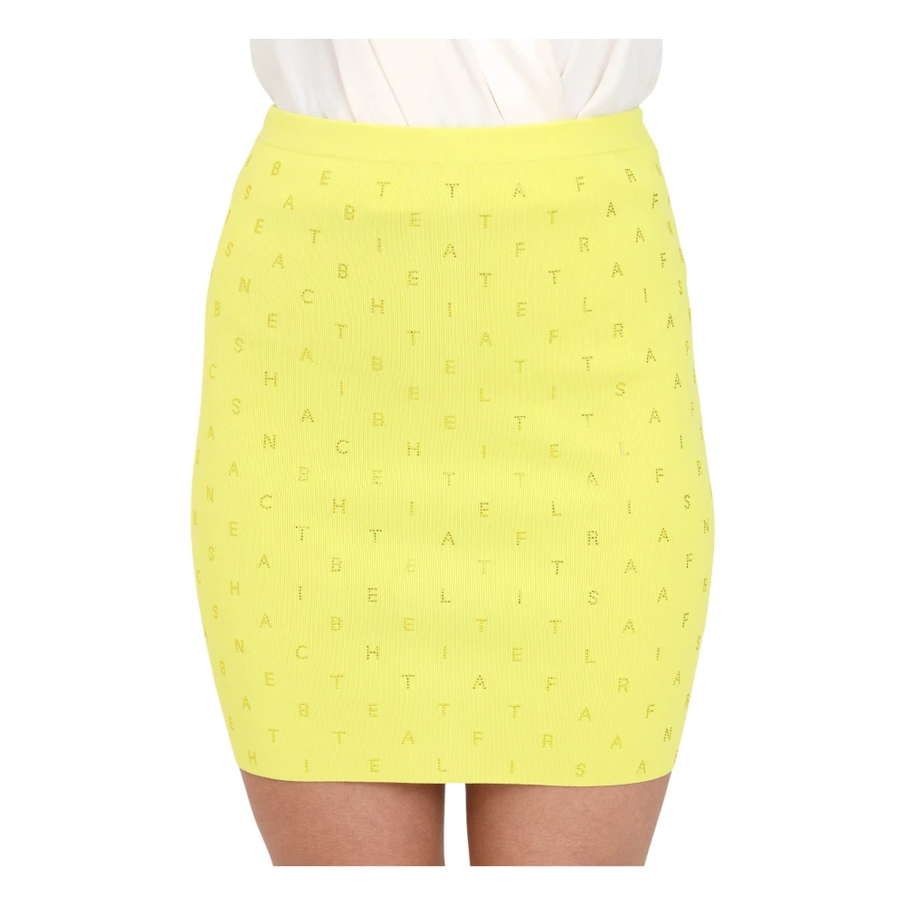 Elisabetta Franchi Hoge taille stretch minirok met strass lettering Yellow Dames