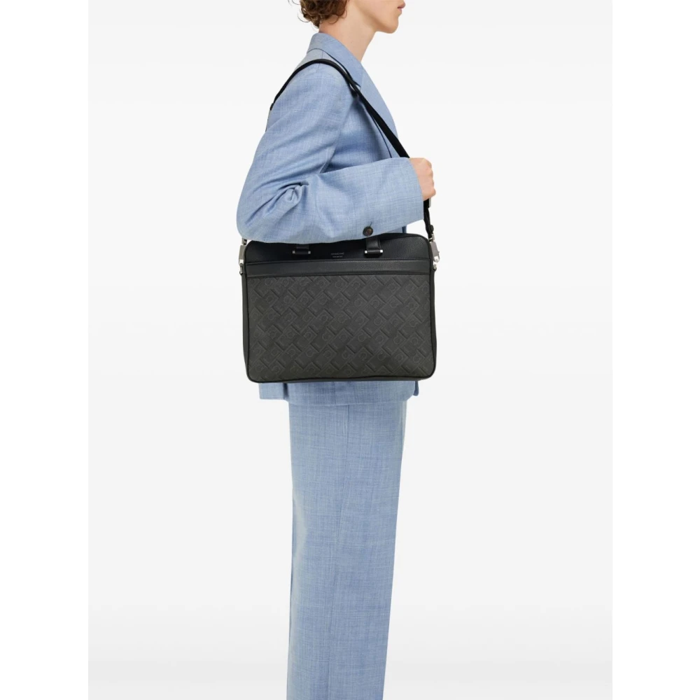 Salvatore Ferragamo Geëtst Logo Zwart Leren Handtas Black Heren