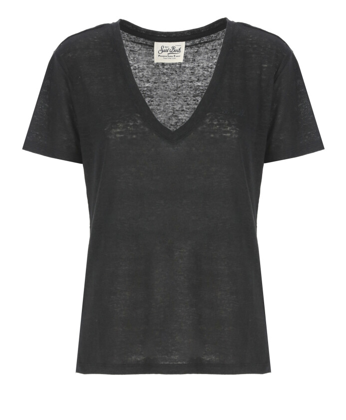 t-shirt-en-lin-noir-avec-col-en-v