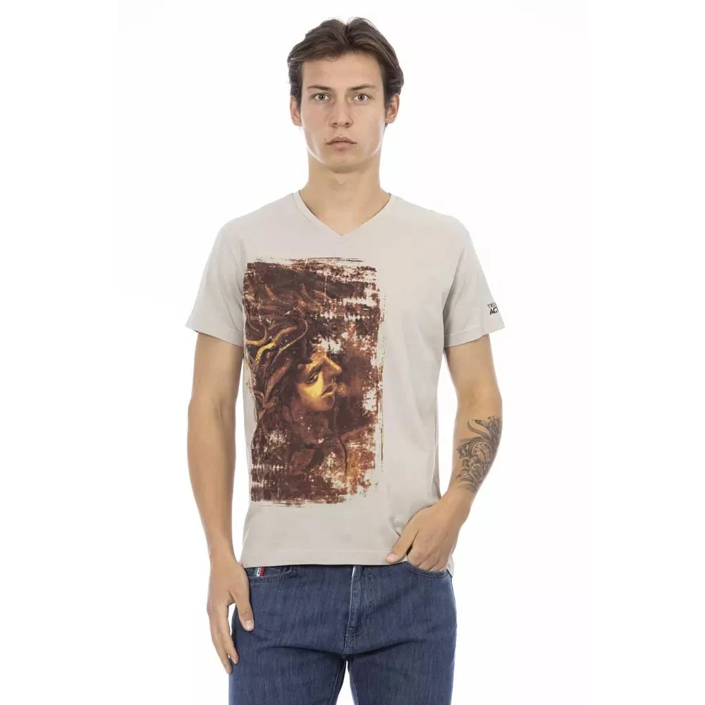 Trussardi Men's Beige T-Shirts, M, Chic V-Neck Tee With Front Print