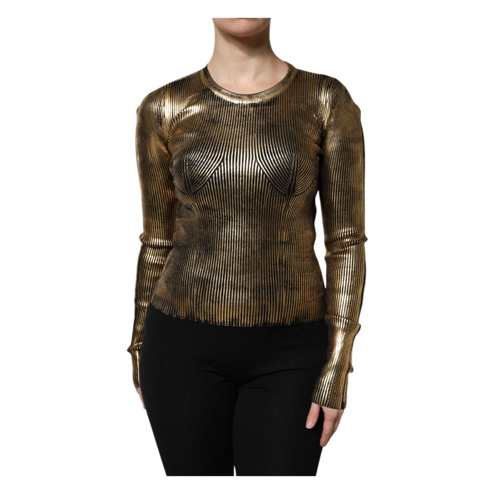 Dolce & Gabbana Yellow Long Sleeve T-Shirts, Female, Xs, Gold Round Neck Pullover Top