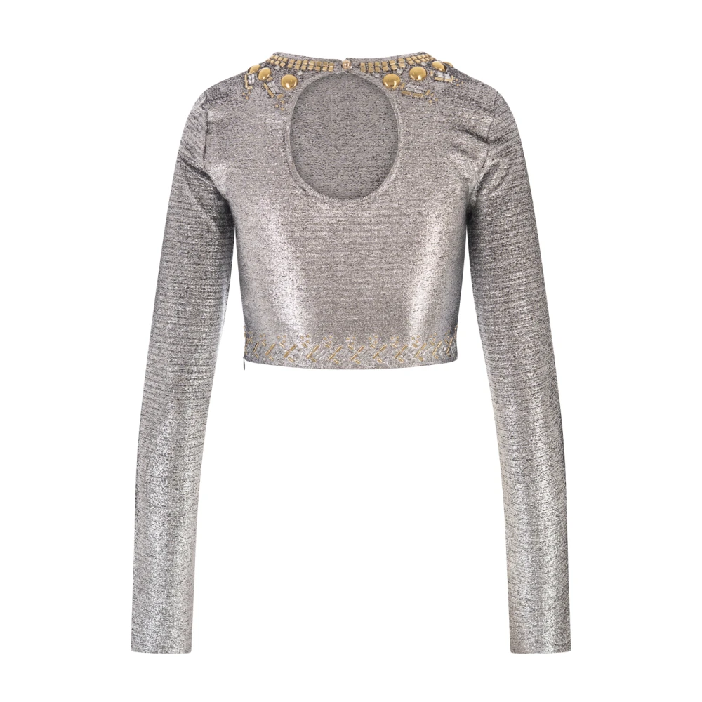 Paco Rabanne Zilveren Lamé Crop Top met Gouden Studs Gray Dames