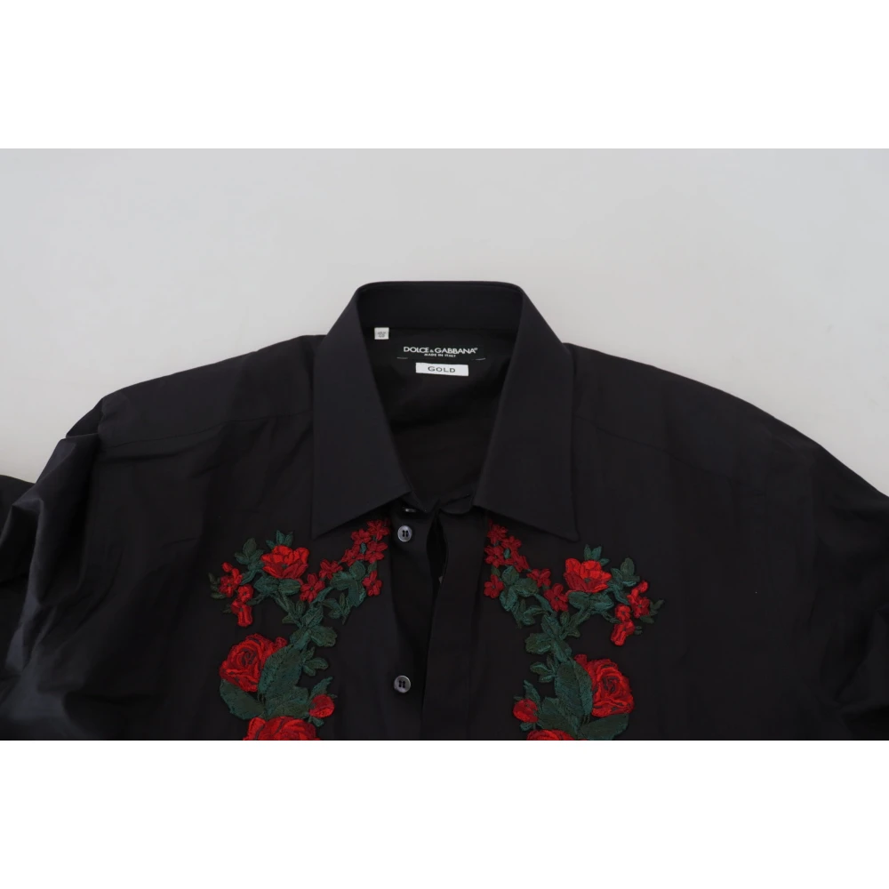 Dolce & Gabbana Zwarte katoenen overhemd met bloemenborduursel Black Heren