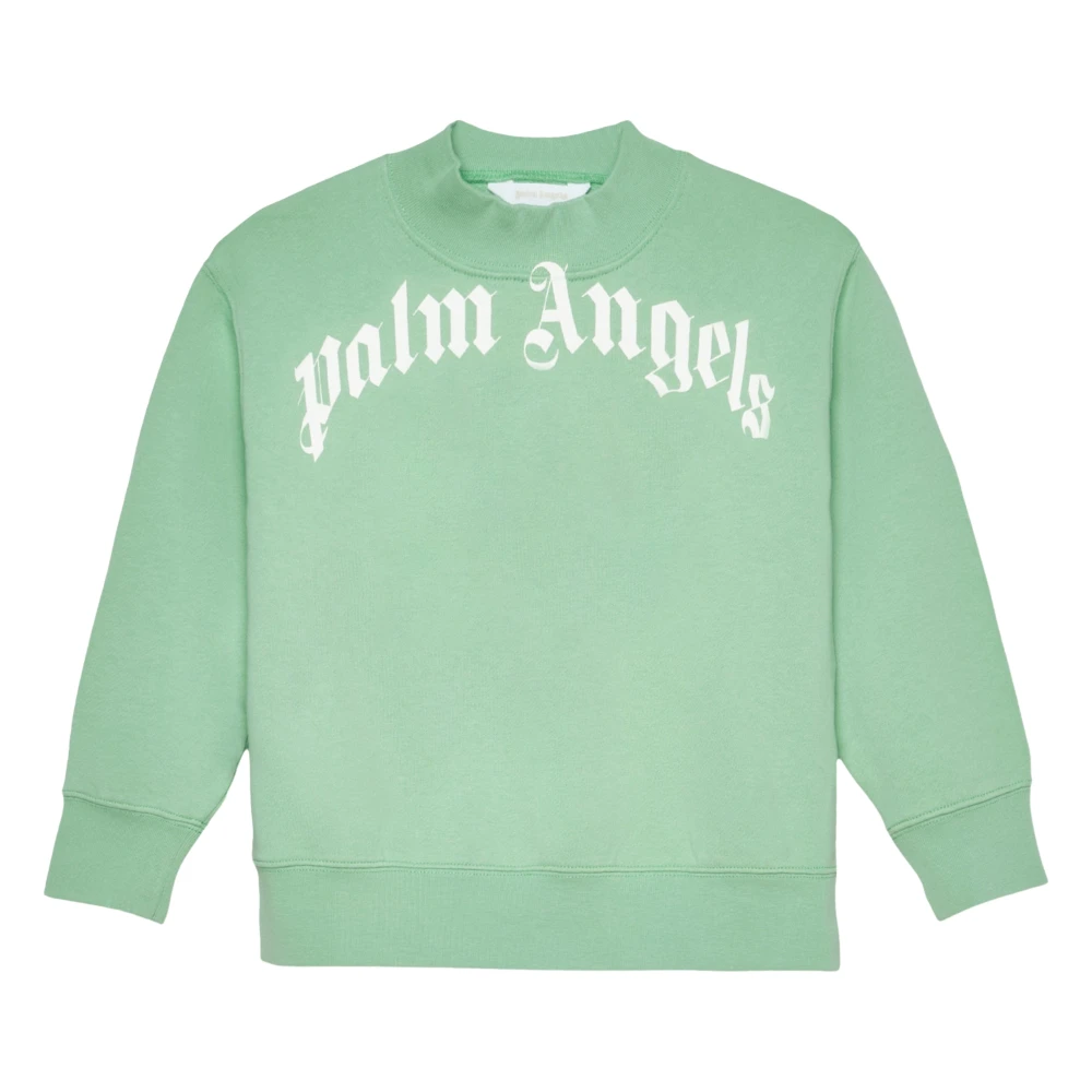 Palm Angels , Kids Sweatshirts, Male, Green, 12 Y, Curved Logo Regular Sweatshirt