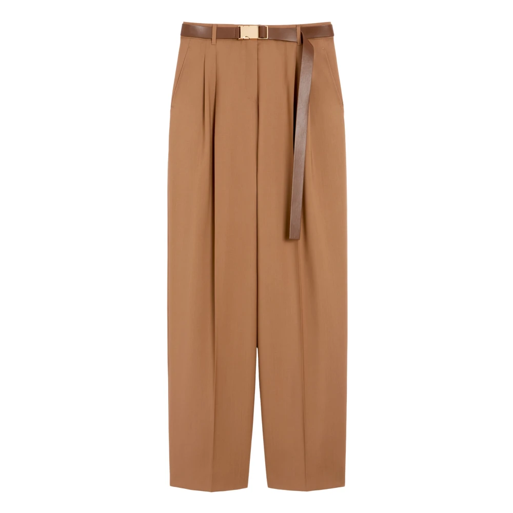 Max Mara Studio Women's Brown Tapered Trousers, S, Belted Wool Trousers With Metal Buckle