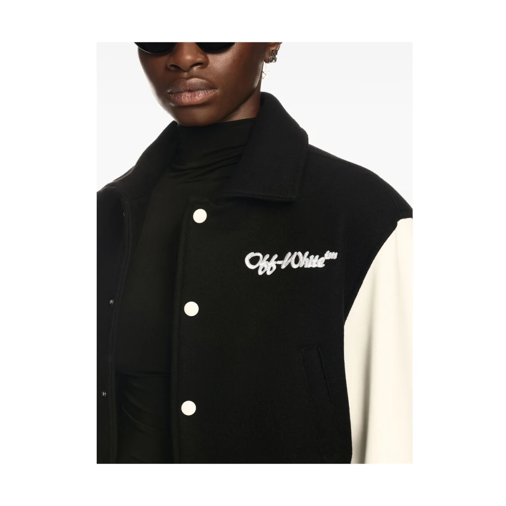 Off White Zwart Geribbelde Trim Buitenkleding met Logo Black Dames