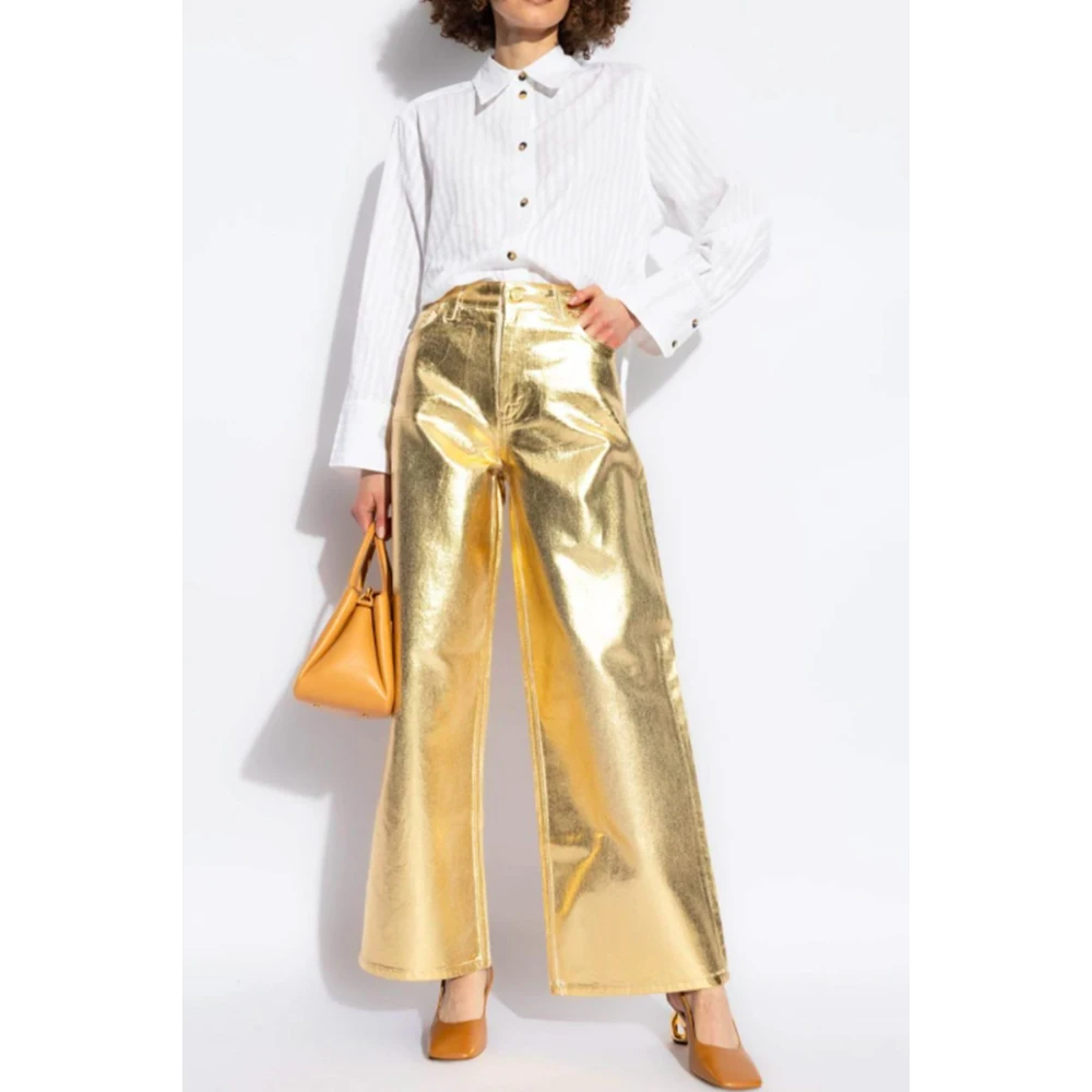 Ganni Metallic Effect Wide Leg Denim Jeans Yellow Dames