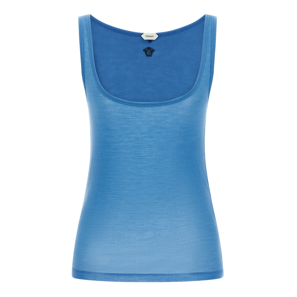 Versace Donna Blu Canotta In Lana A Costine Ricamata