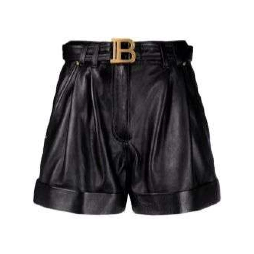Balmain Leren Shorts met Logo-Gesp en Goudkleurige Hardware Black Dames