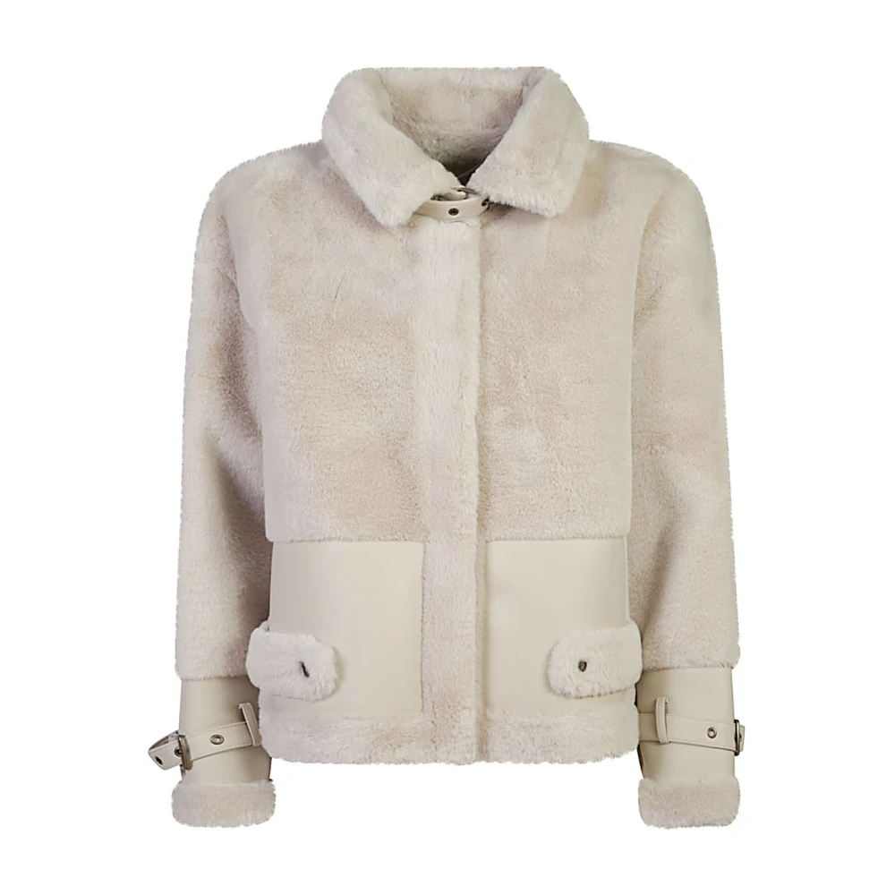 Twinset Roomkleurige Shearling Jas met Nappa Details Beige Dames