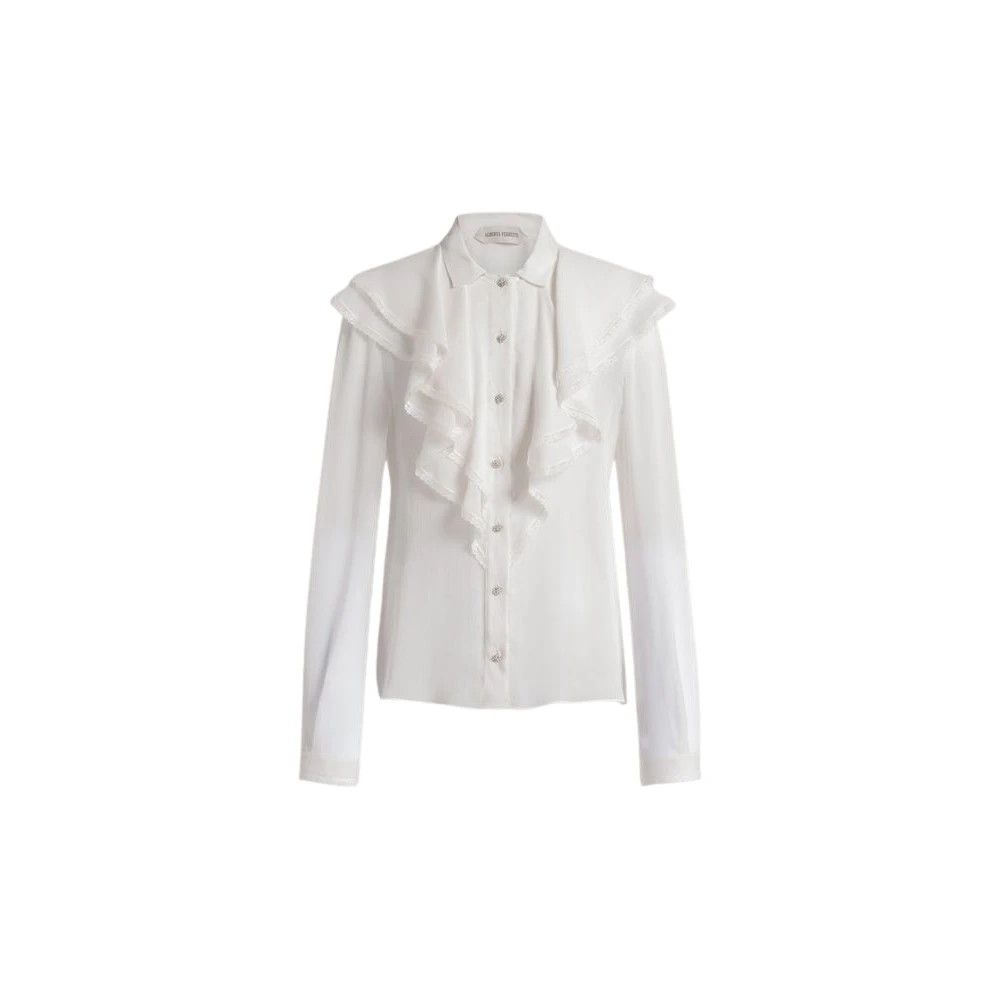 Alberta Ferretti Women's White Silk Creponne Blouse With Ruffles - Shirts - M - Blouses & Shirts