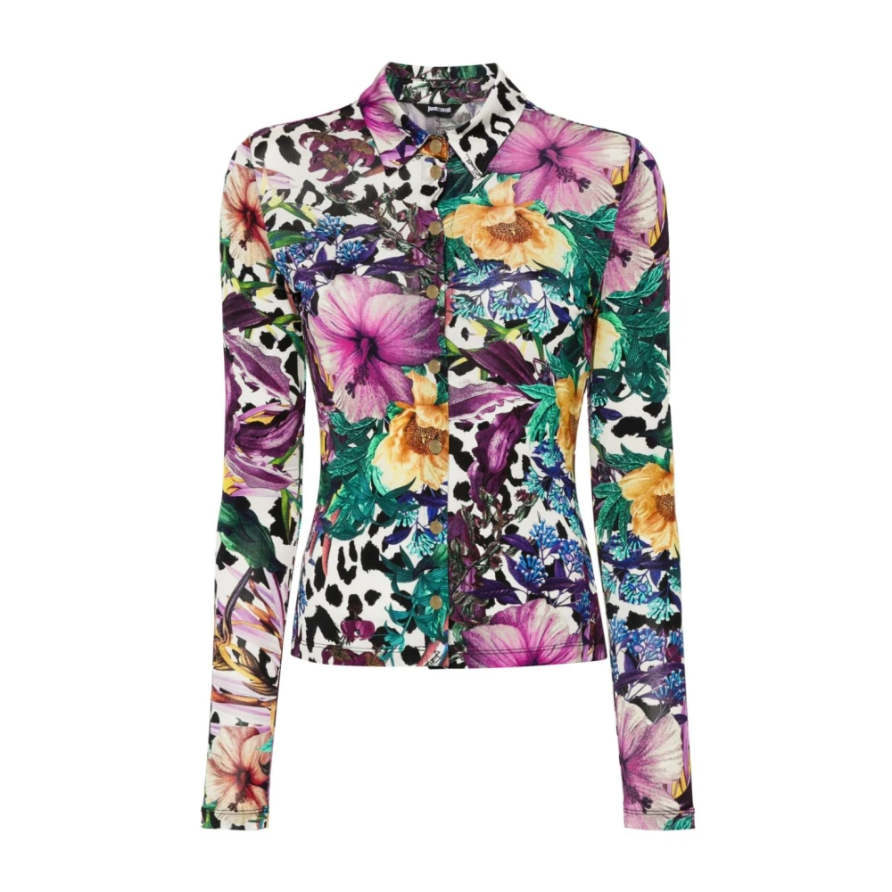 Just Cavalli Bloemenprint Stretch Overhemd Wit Multicolor Dames