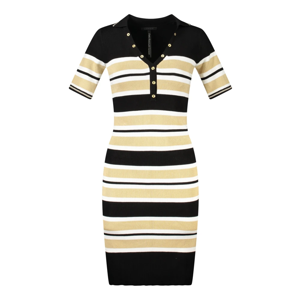 Guess Lange Zwarte Jurk Korte Mouw Gestreept Gebreid Multicolor Dames