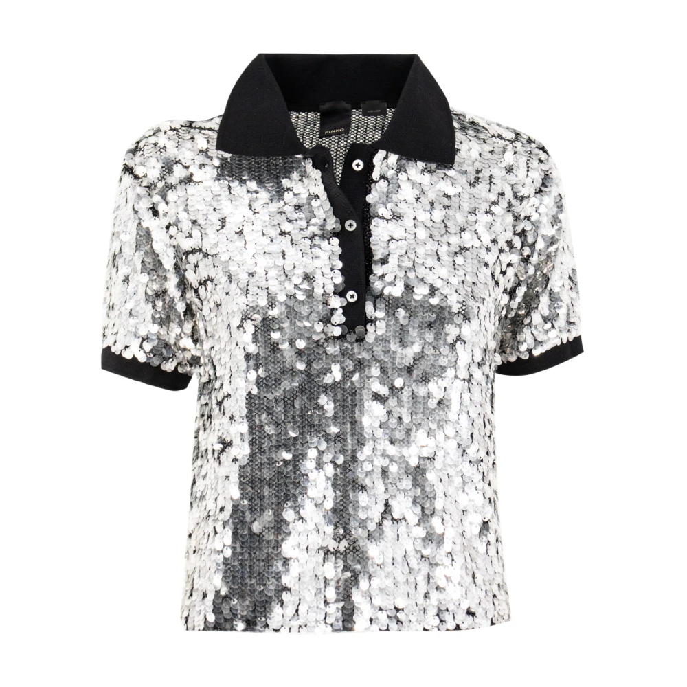 Pinko Women's Gray Polo Shirts, Xs, Embroidered Sequin Polo Shirt
