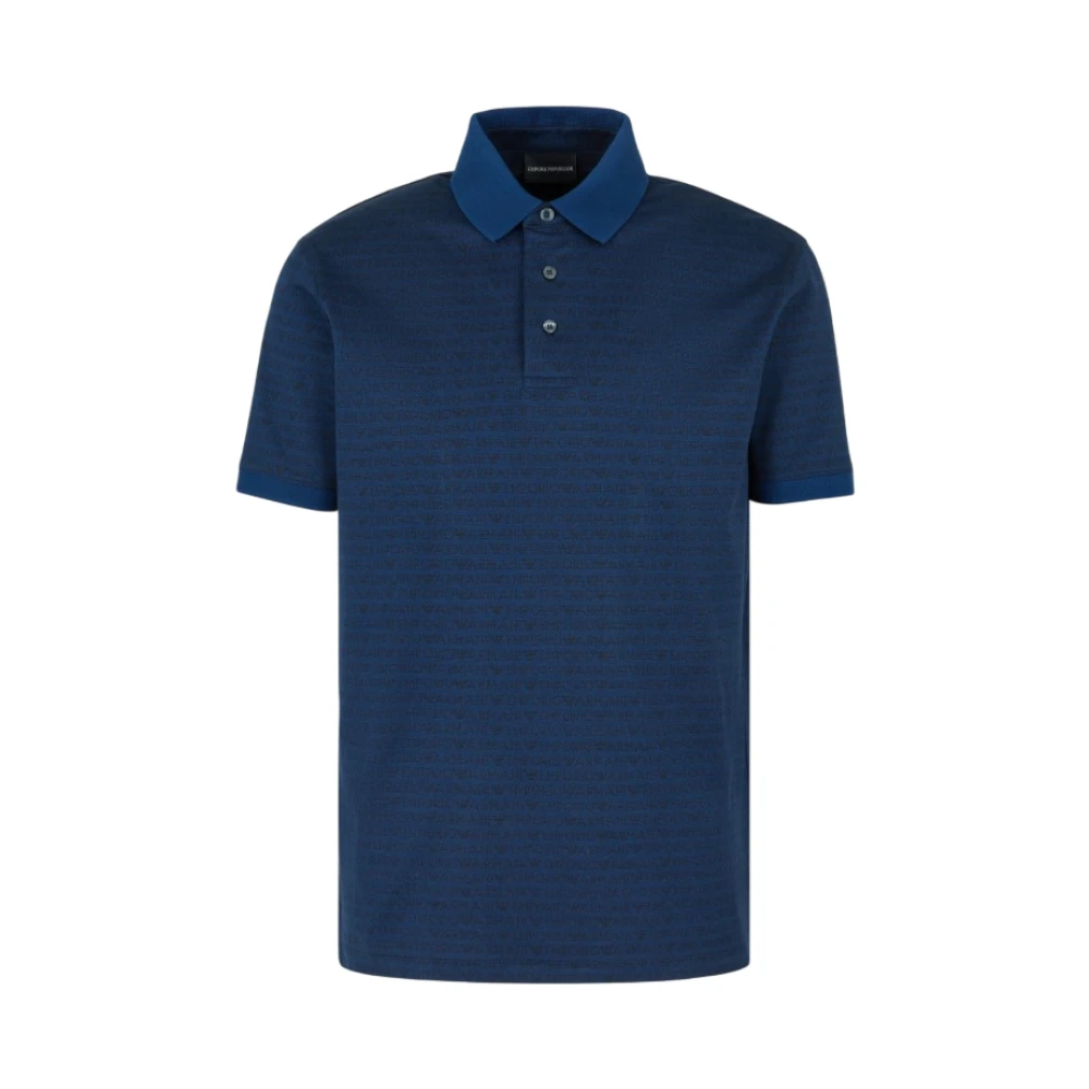 Emporio Armani Blauw Jersey Polo Shirt met All-Over Lettering Blue Heren