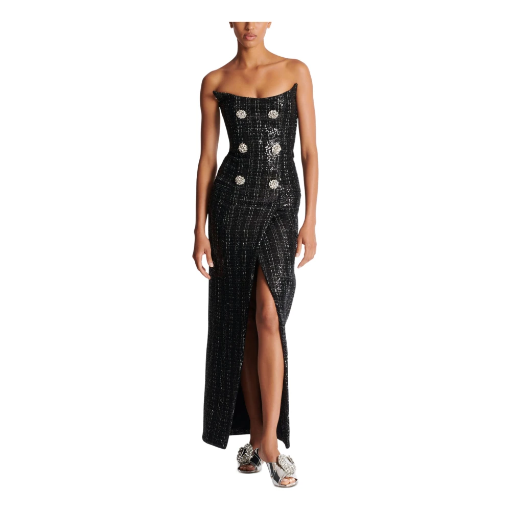 Balmain Strapless Lange Tweed Jurk met Glitter Black Dames