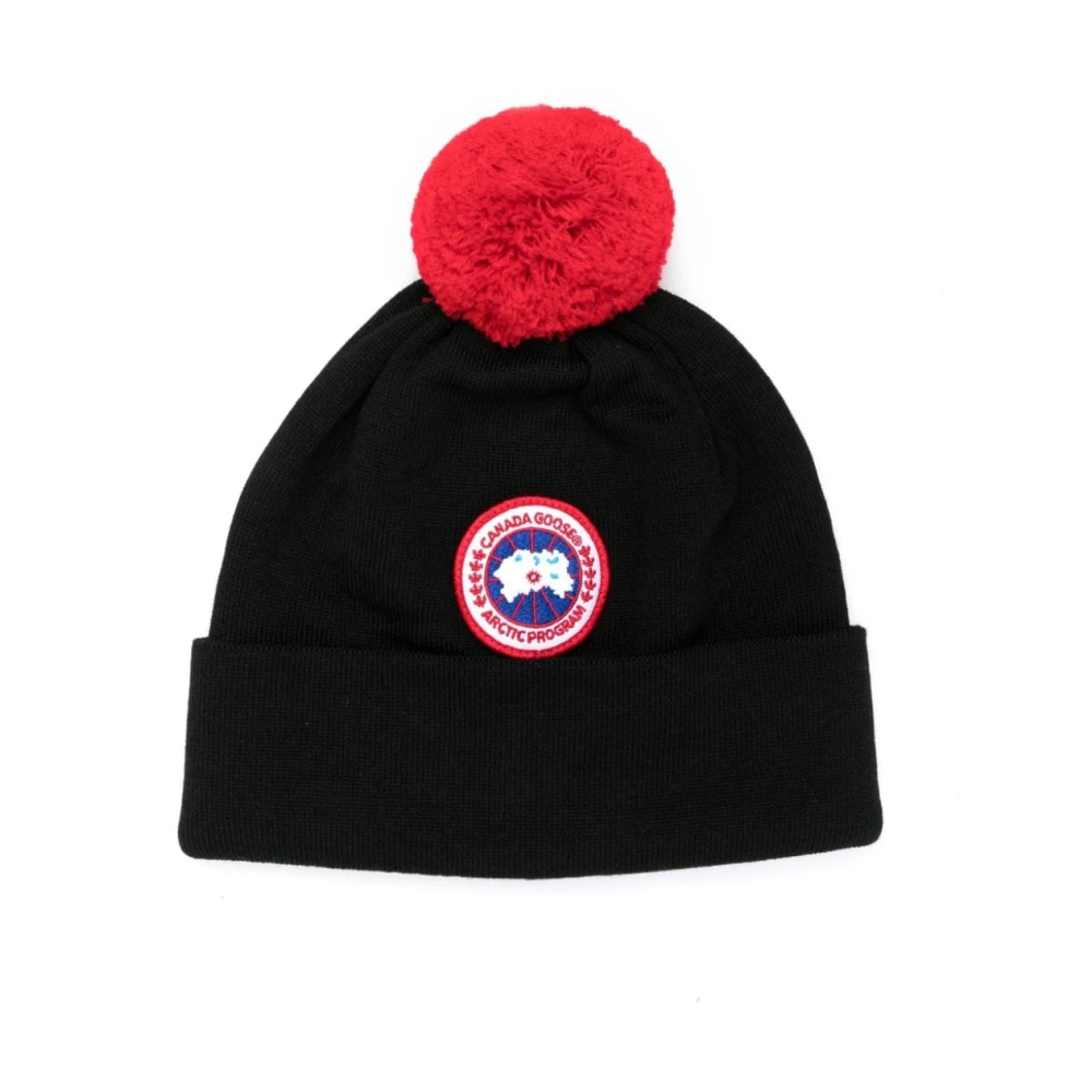 Canada Goose Black Hats & Caps, Male, One Size, Logo-Patch Pompom Wool Beanie