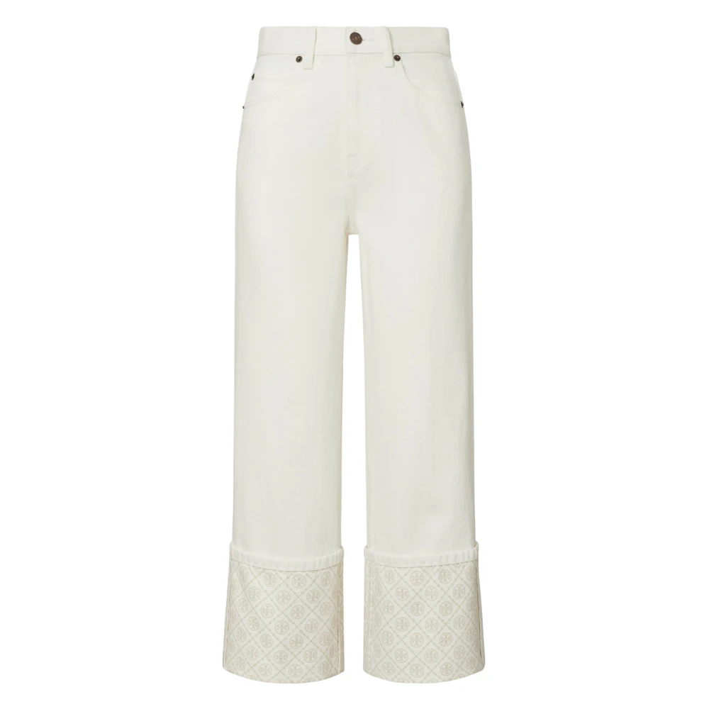 Tory Burch Women's White Wide Trousers, W26, Contrast Cuff Straight Leg Jean