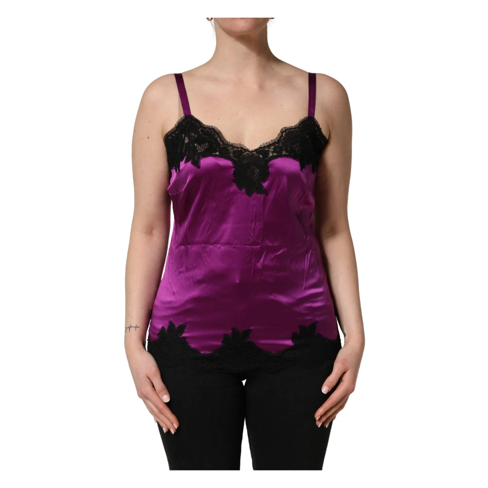 Dolce & Gabbana , Sleeveless Tops, Female, Purple, M, Silk Lace Trim Sleeveless Tank