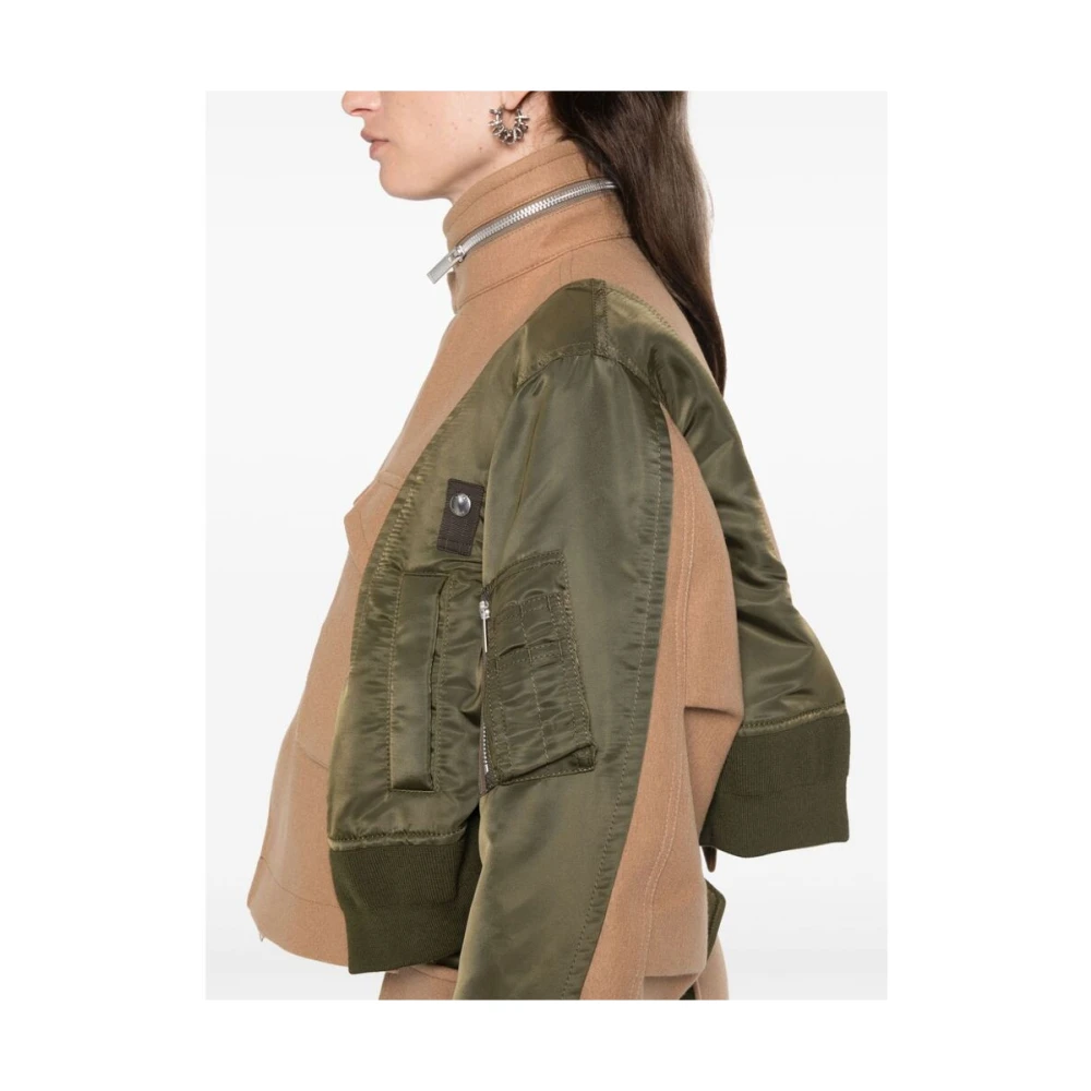 Sacai Groene Wol Staande Kraag Jas Brown Dames
