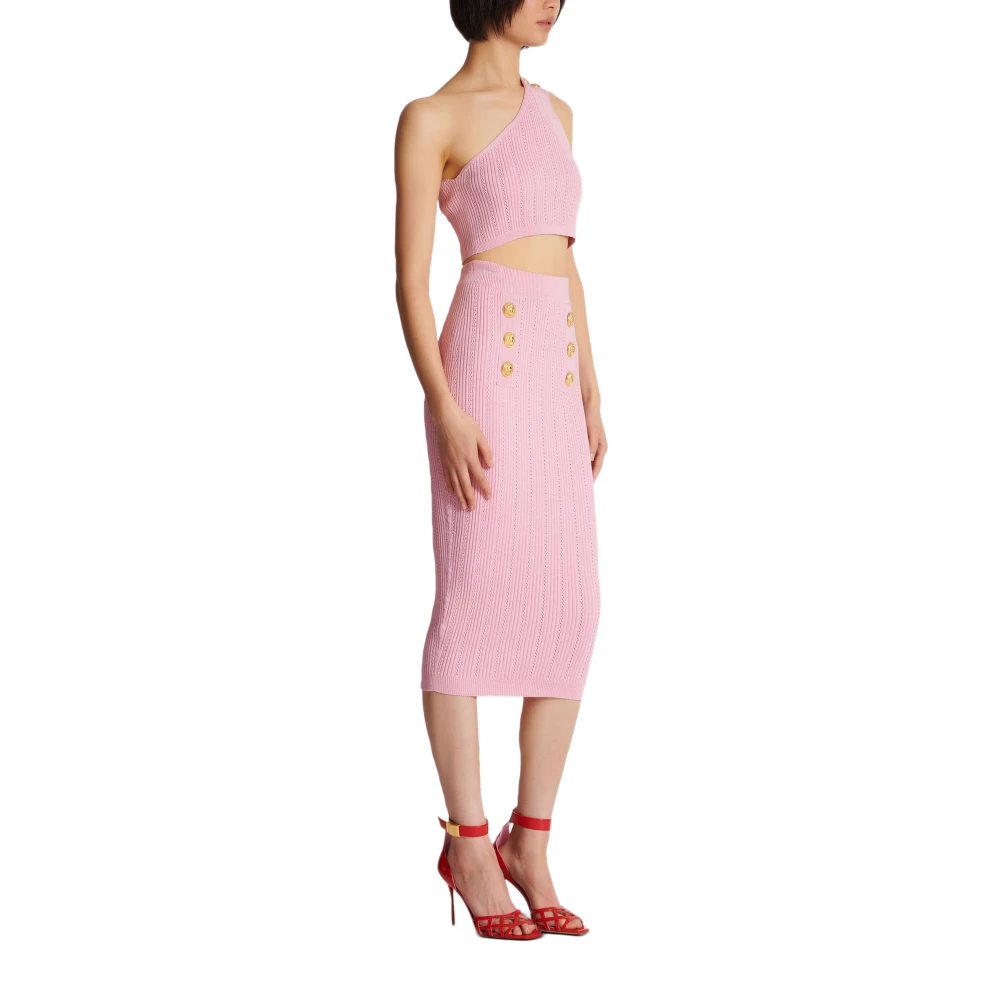 Balmain Midi Gebreide Rok met Knopen Pink Dames