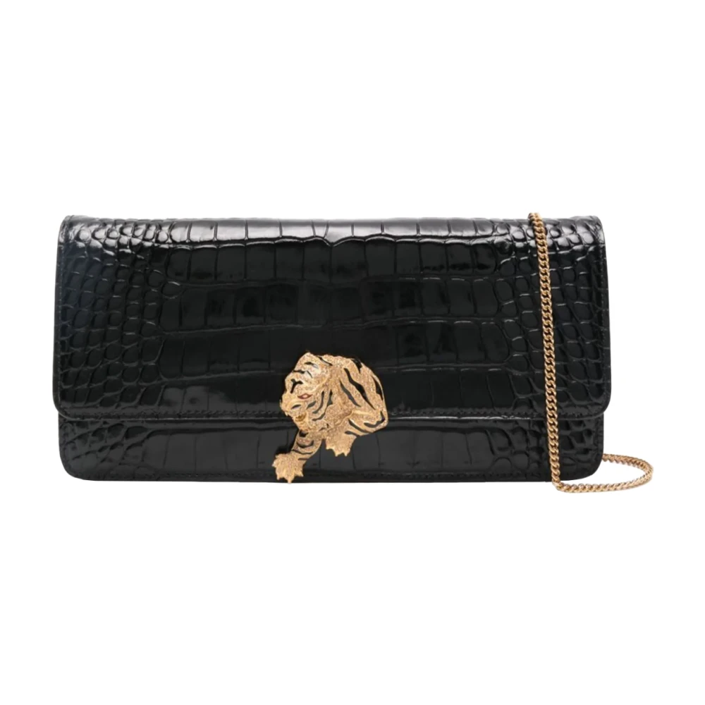Roberto Cavalli Zwarte Krokodil-geëmbosseerde Schoudertas met Tigre Gioiello Black Dames