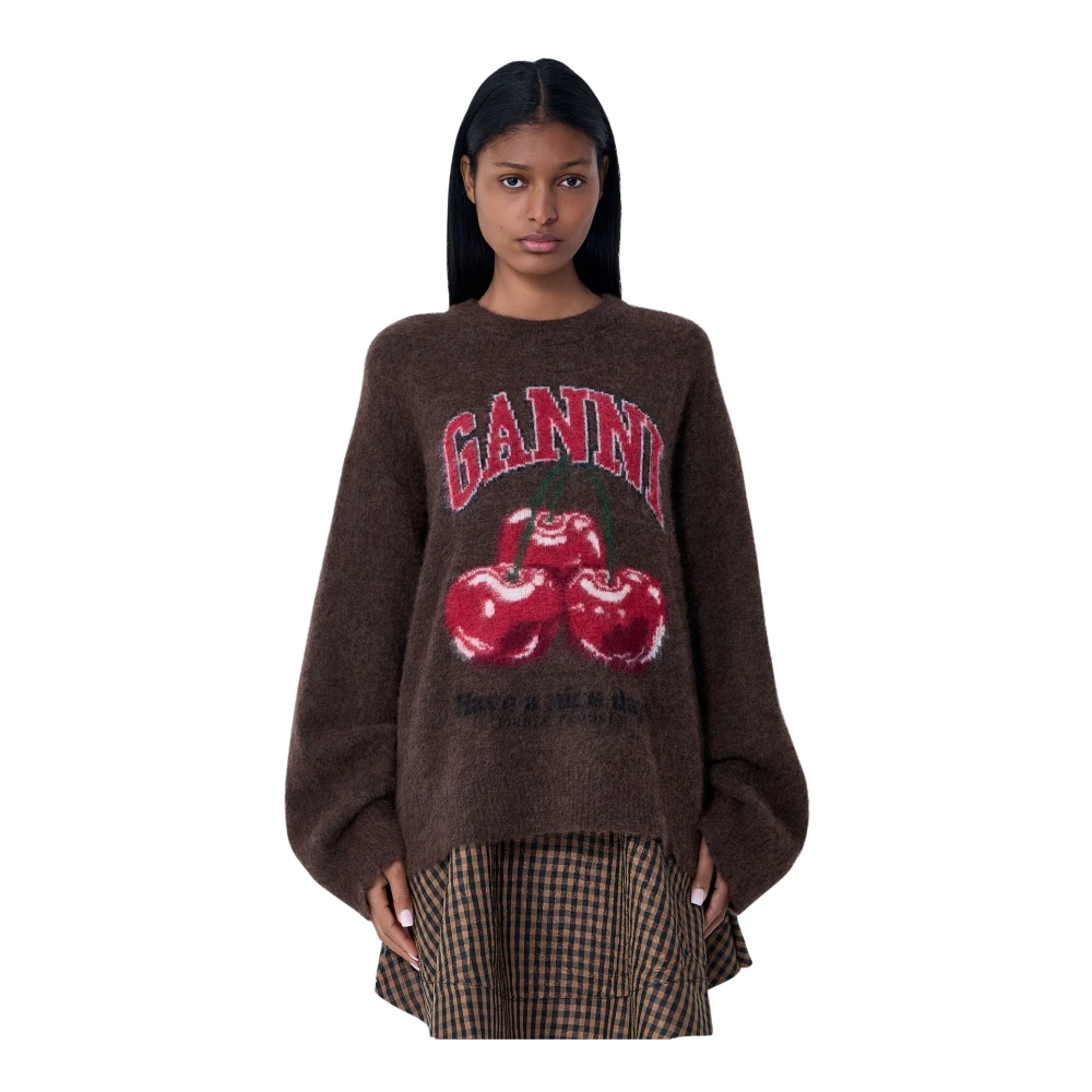 Ganni Women's Brown Round-Neck Knitwear, S, Brushed Knit Jumper