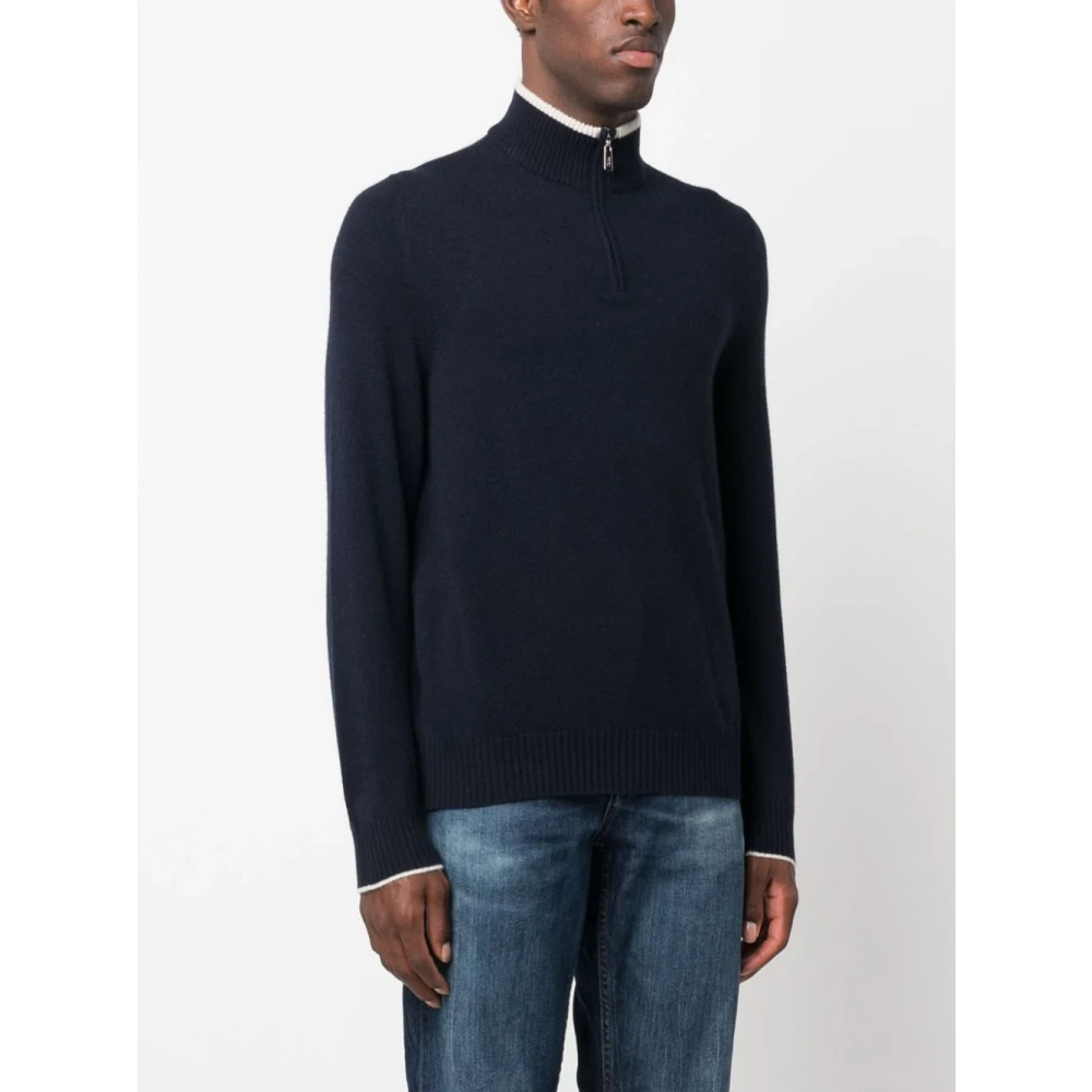 Fedeli Luxe Cashmere Half-Zip Gebreide Trui Blue Heren