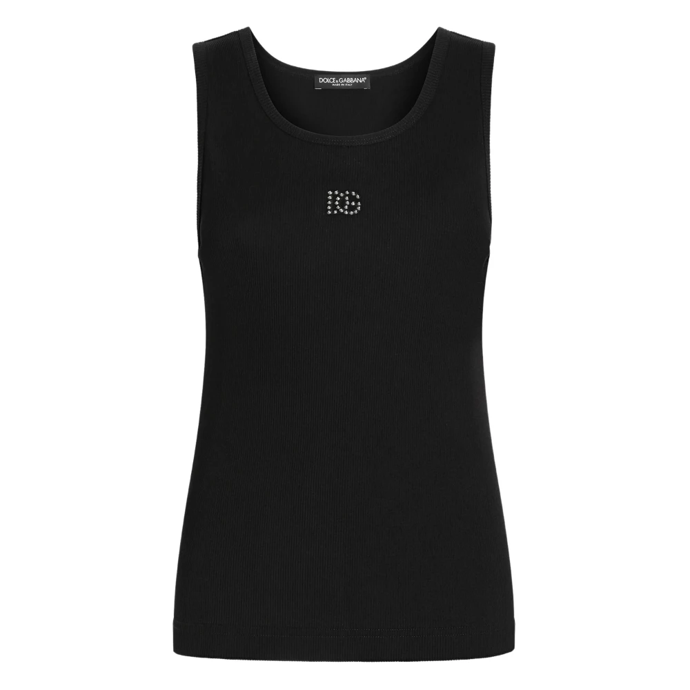 Dolce & Gabbana Women's Black Sleeveless Tops, S, Ribbed Tank Top With Dg Embroidery And Rhinestones