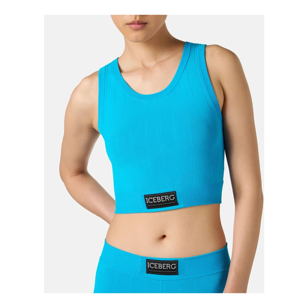Iceberg Turquoise actieve top in geribbeld breisel met logo Blue Dames