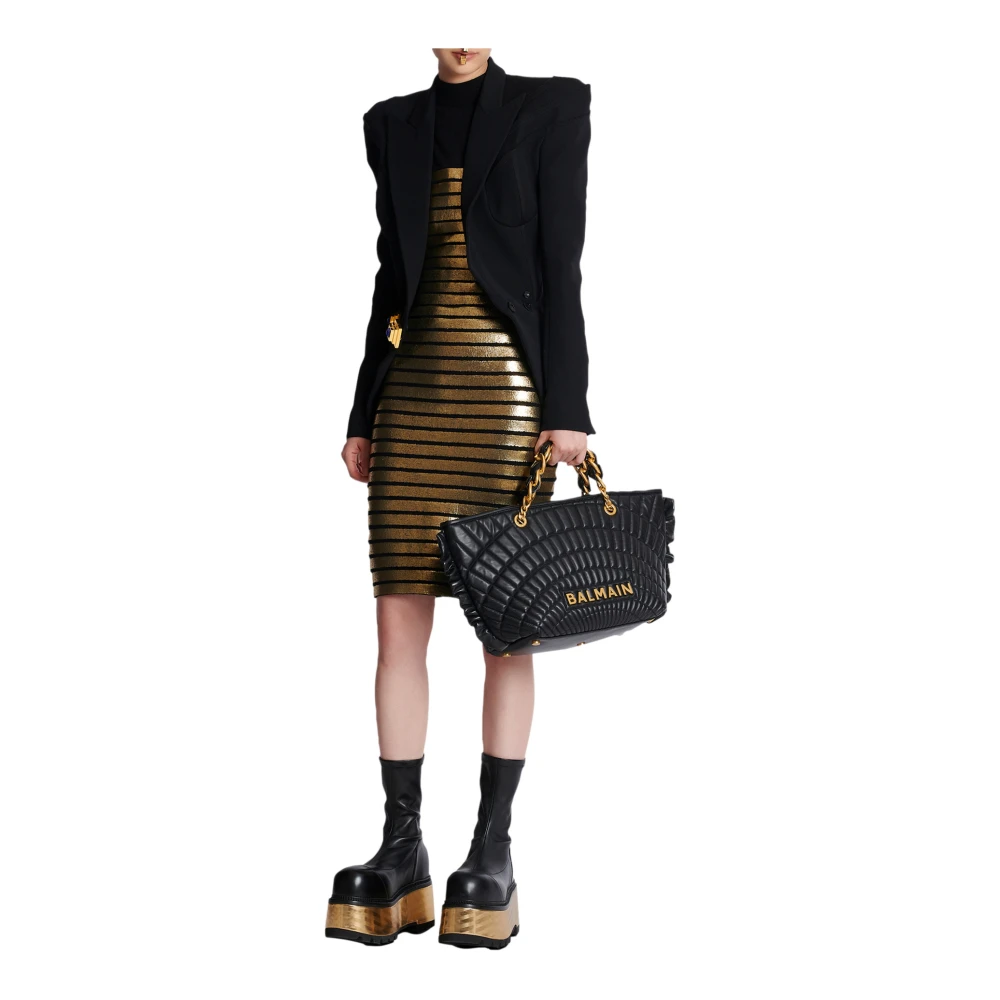 Balmain Gouden Gestreepte Gebreide Knie Rok Yellow Dames