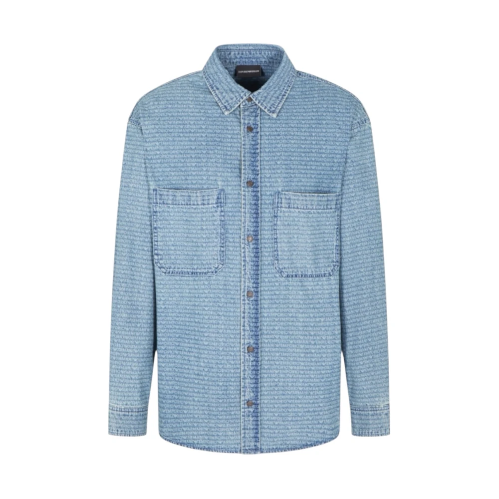 Emporio Armani Mannelijk Blauw Overhemden Heren, S, Denim, Denim Overhemd Met Comfortabele Pasvorm En Logo-Letters All-Over Print