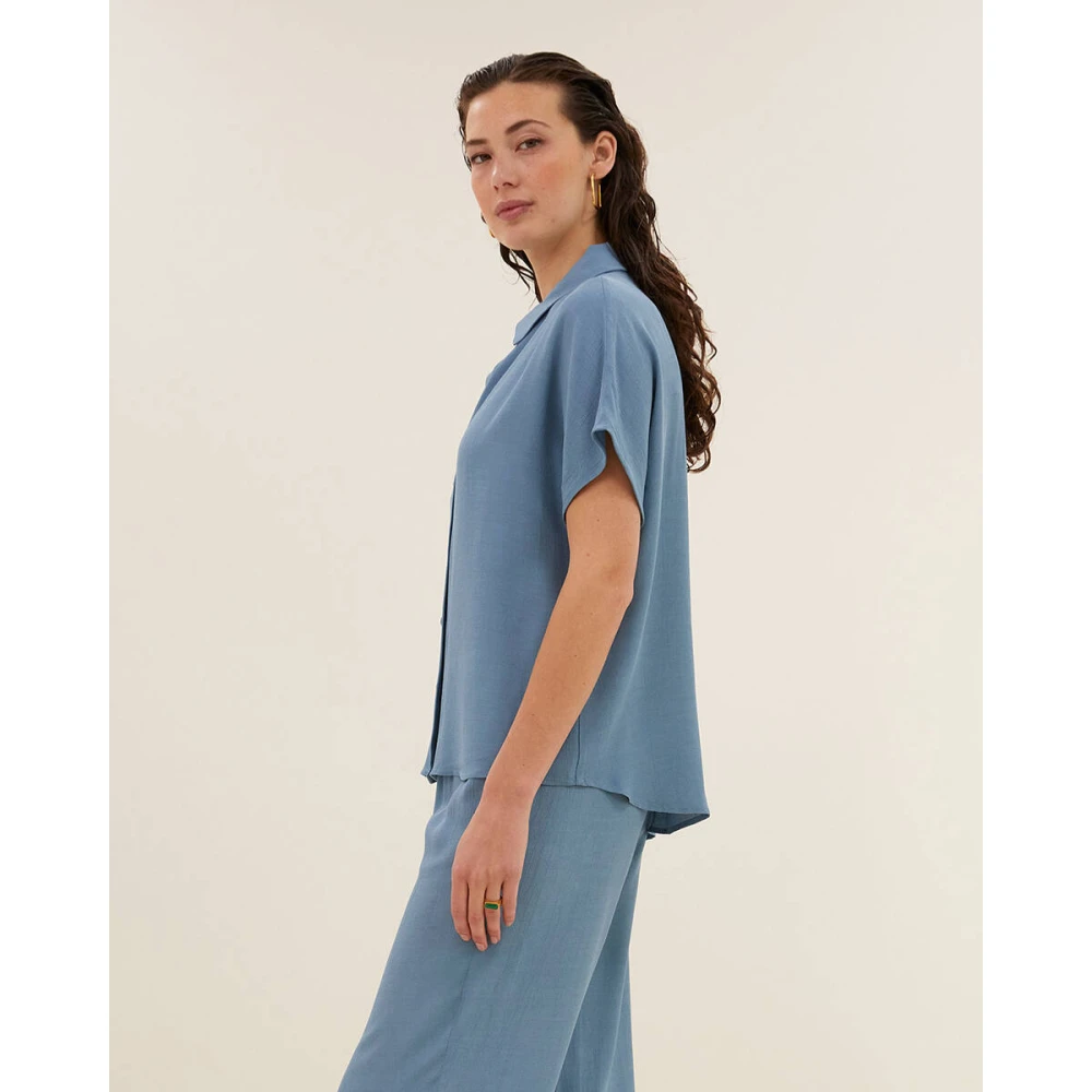 By-Bar Korte Mouw Viscose Blouse Karly Blue Dames