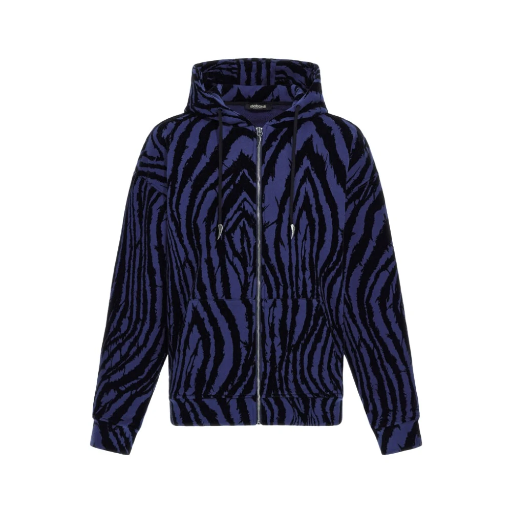 Roberto Cavalli , Zip-Throughs, Male, Blue, S, Zebra Print Sweatshirt