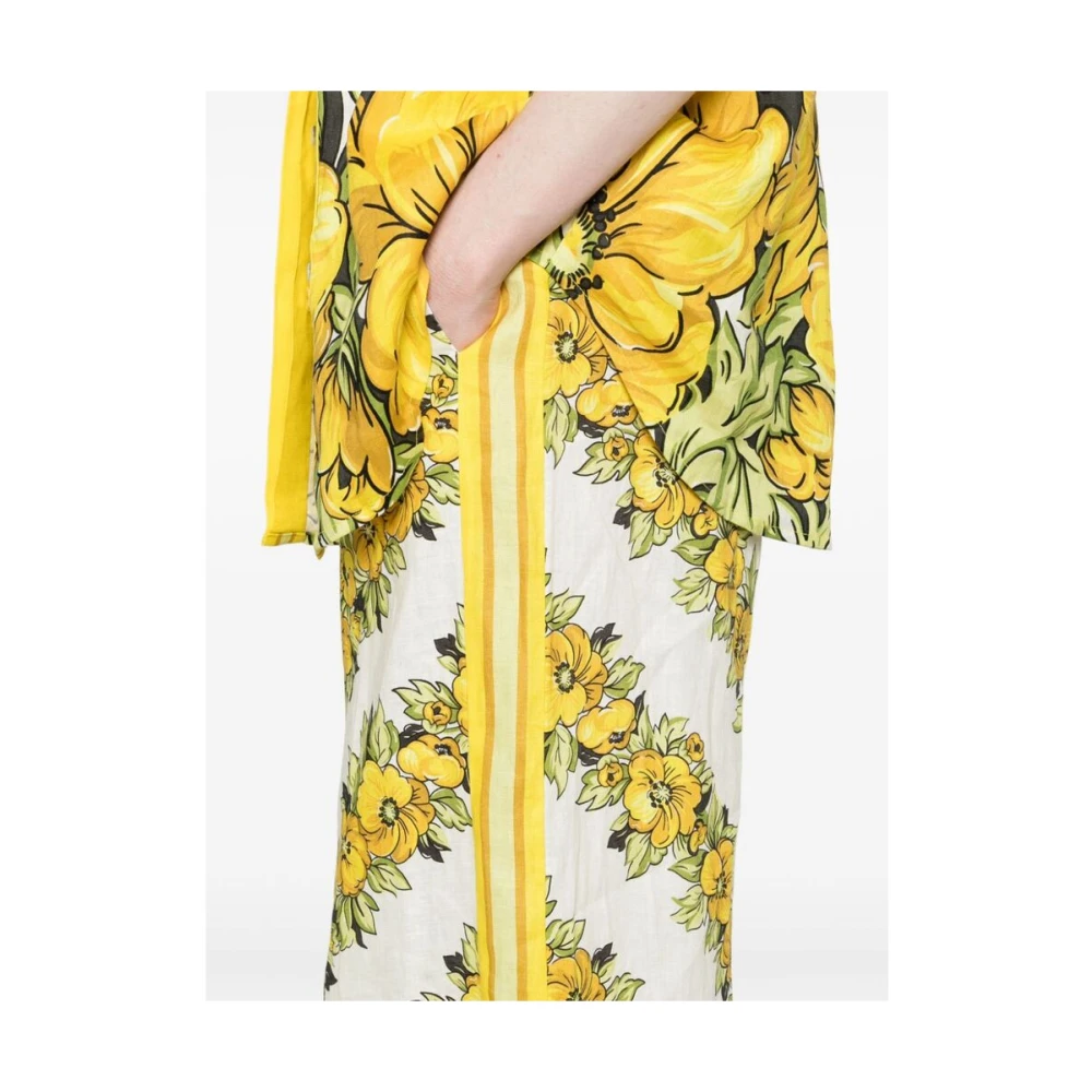 Alemais Citroengele Bloemen Linnen Wijde Pijp Broek Multicolor Dames