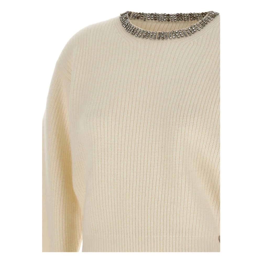 Liu Jo Witte Geribbelde Wollen Trui met Strass White Dames