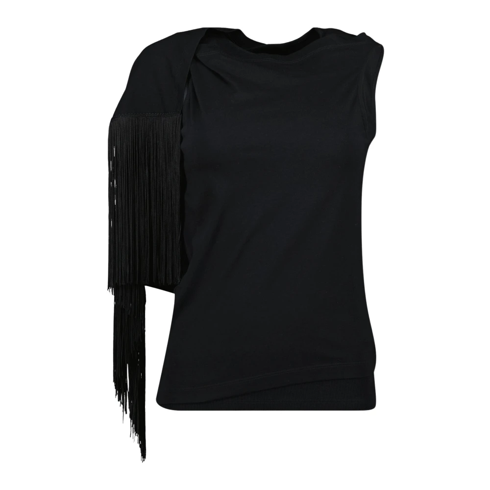 MM6 Maison Margiela Zwarte T-shirt met Franjes Black Dames