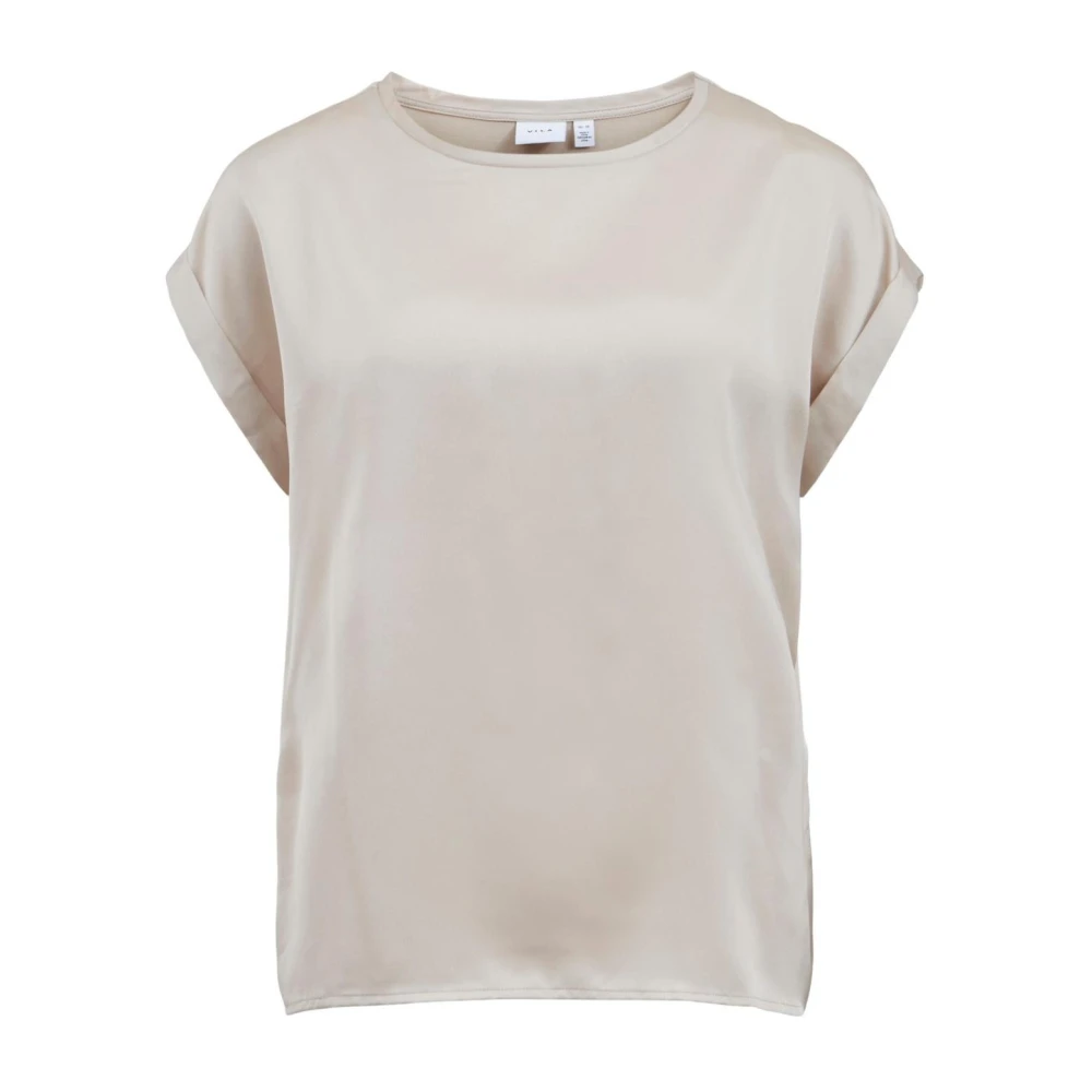 Vila Women's Beige Blouses,, Gold Plain Short Sleeve T-Shirt Small