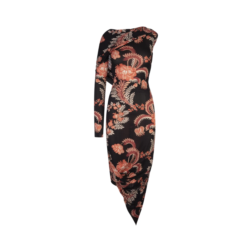 ETRO Zwart Bloemenblad Een-Schouder Midi Jurk Black Dames